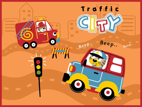 Cartoon vector of city traffic with funny driver. Animals on vehicle, van, firefighter