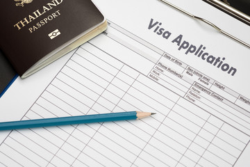 Visa application form to travel Immigration a document Money for Passport Map and travel plan