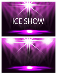 Two cards. The inscription is an ice show. Stage lighting, podium, spotlights. Confetti is flying. Purple background. illustration