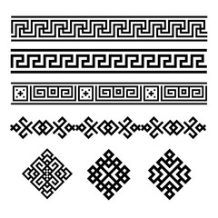 A set of black and white geometric designs. Signs and borders. Vector illustration