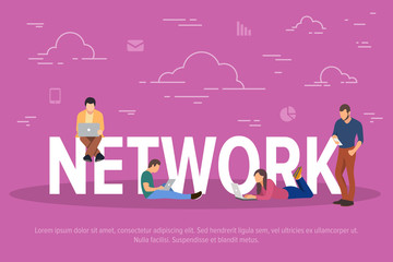Network concept vector illustration. Business people using devices for work through the network. Flat concept of young men and women using laptop for team work.