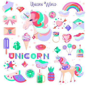 Set with a unicorn and pictures for stickers. Unicorn's head with closed eyes. Diamonds and crystals. Rainbow, cloud and heart. Accessories fairytale character. Image vector for postcard, poster