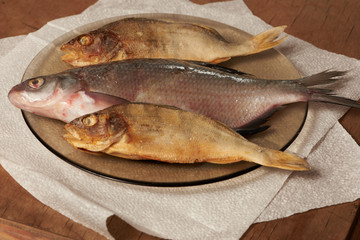 Dried fish on the table.Snack to beer.