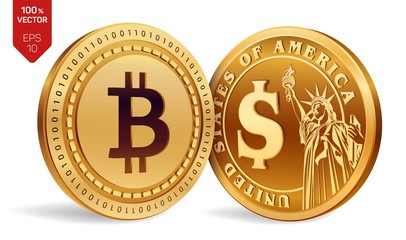 Bitcoin. Dollar. 3D isometric Physical coins. Digital currency. Cryptocurrency. Golden coins with Bitcoin and Dollar symbol isolated on white background. Vector illustration. © iuriimotov