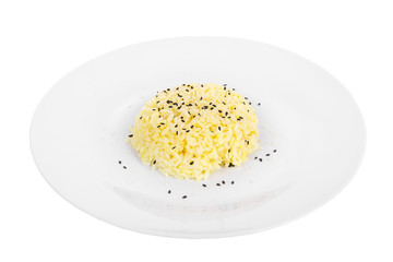 Long grain rice with white and black sesame cooked portion of side dish on a plate on a white isolated background Side view. Appetizing dish for the menu restaurant, bar, cafe