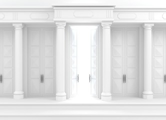 3D illustration. Background with classic wall with stone white columns and double open doors.