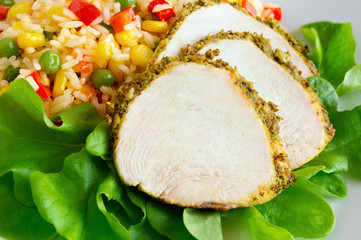 baked in herbs turkey slices on lettuce served with hawaiian rice