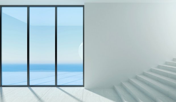 3D illustration. A modern room with panoramic window and sea view. Interior concept. Architectural background.