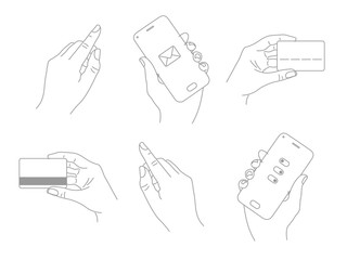 Graphic hand holds smartphone, credit card, points index finger. Line