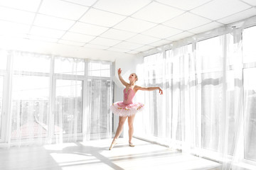 Fototapeta na wymiar Elegant female ballet dancer in pink tutu practicing and smiling
