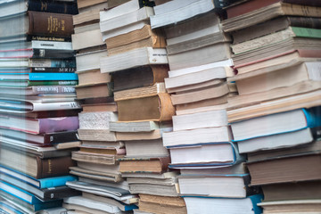 Books behind the glass. Close-up.