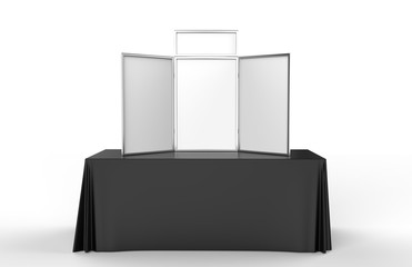 Table top folding display board for trade show. 3d render illustration.