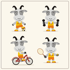 Set of funny goat is engaged in sports. Collection of cartoon goat of the sportsman: football player, with dumbbells, bicyclist, tennis player.