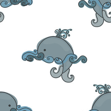 Seamless pattern background with cute whales. Ocean vector illustration.