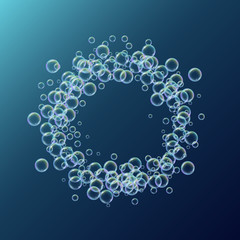Shampoo foam small round frame with realistic water bubbles on deep blue background. Cleaning liquid soap foam for bath and shower. Shampoo rainbow bubbles. Swimming pool flyer and invite.