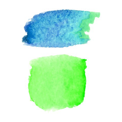Set of abstract stains. Blue and green colors. Bright creative backdrop. Watercolor texture with brush strokes. Spots isolated in white background. Trendy colorful design. Hand painted. Vector EPS.