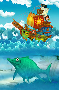 pirates on the sea - battle - with monster underwater - illustration for children © honeyflavour