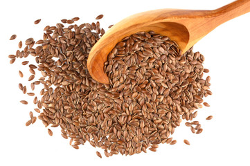Flax seeds in wooden spoon isolated on white background