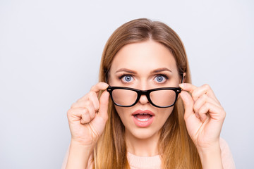 Close up portrait of pretty clever smart intelligent beautiful shocked charming lady with long...