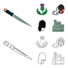 National Dirk Dagger, Thistle National Symbol, Sporran,glengarry.Scotland set collection icons in cartoon,outline style vector symbol stock illustration web.