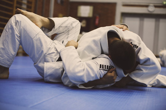 Close up image of men exercise judo. On the move.