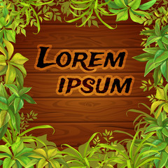 Banner tropical with leaves and wooden background and with space for text 