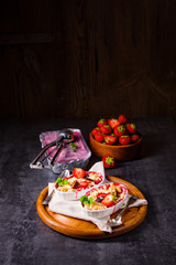 strawberry tart with vanilla pudding and ice cream