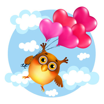 Funny cartoon owl in love is flying with a heart balloons on the background of sky and clouds