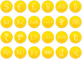 Large and detailed coins of different currencies of the world.