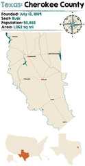 Detailed map of Cherokee county in Texas, USA.