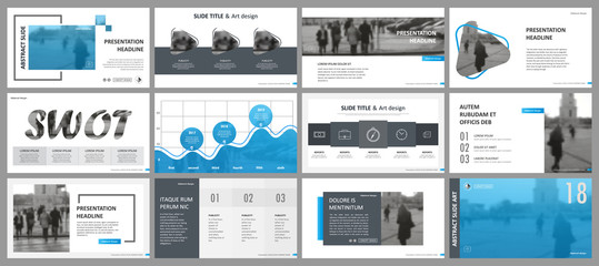 Abstract white, blue presentation slides. Modern brochure cover design. Fancy info banner frame. Creative infographic element set. Urban city font. Vector title sheet model. Ad flyer style template