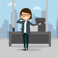 Business woman talking on the phone at the work. City background