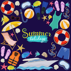 Set of beach summer holidays accessories, cartoon illustration. Vector