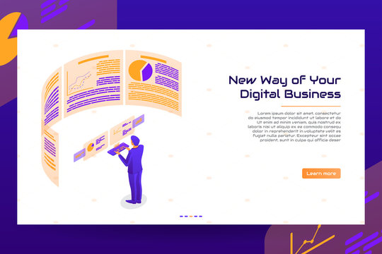 Isometric digital business concept. Vector Illustration with businessman working on digital trade market. Abstract background with augmented reality.