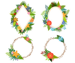 Set of frames and badges with tropical flowers and leaves doodle style, design for postcard and invitation. Vector