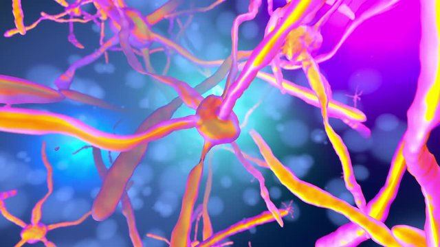 3D rendered Animation of signals firing through a accelerated neural network with neuron cells under the influence of drugs.
