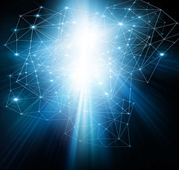 Abstract background with connected lines and dots for your design. Smooth lines, beautifully intertwined, shining dots and flashes on a dark background