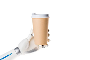 robot hand holding coffee in paper cup isolated on white