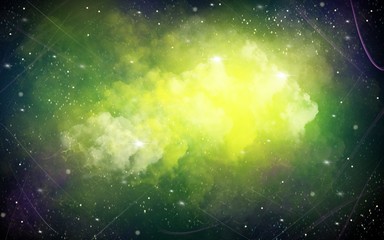 Green, yellow, black space illustration background with a bright white stars