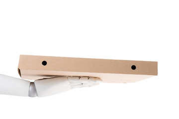 cropped shot of robot holding pizza box isolated on white