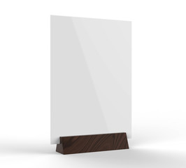 Clear plastic and acrylic table talkers promotional upright menu table tent top sign holder table menu card display stand picture frame for mock up and template design. 3d render illustration.