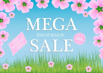 Sale, a discount of 50 percent, only this weekend. Template for flyer, banner for website. Vector illustration