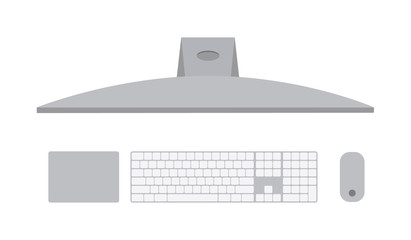 Computer pc, pro top view of a monoblock computer. Conception of professional equipment, monitor, workstation.