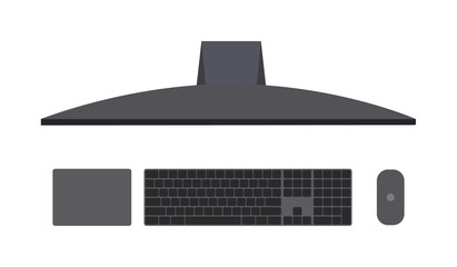 Computer pc, pro top view of a monoblock computer. Conception of professional equipment, monitor, workstation.