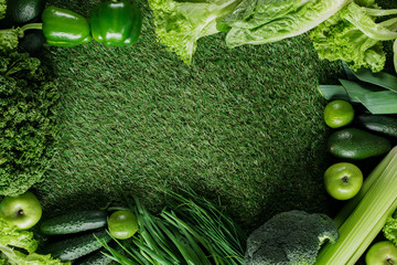 top view of green vegetables on grass, healthy eating concept