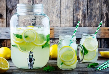 Fototapeta Homemade lemonade with mint, ice, and fresh lemon slices in mason jar obraz