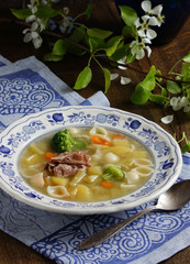 soup with duck, spring flowers