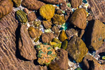 Nature abstract background with colourful rocks in water sand.