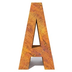 Conceptual old rusted metal font or type, iron or steel industry piece isolated white background. Educative rusty material, aged vintage surface, worn damaged object as 3D illustration rough surface