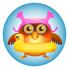 funny cartoon owl in rubber swim cap and with duck swim ring